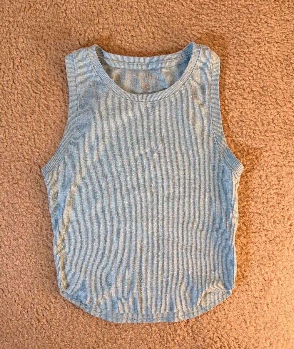 American Eagle Heather Blue Ribbed High Neck Cropped Tank Top Womens M